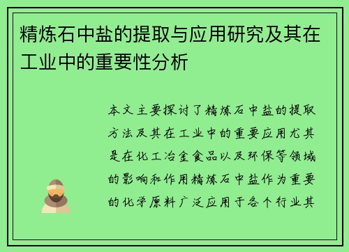精炼石中盐的提取与应用研究及其在工业中的重要性分析
